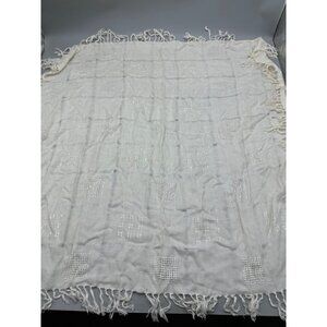 Vintage ben goodman sheer Ivory Woven Throw scarf wrap Fringe Edges rayon READ